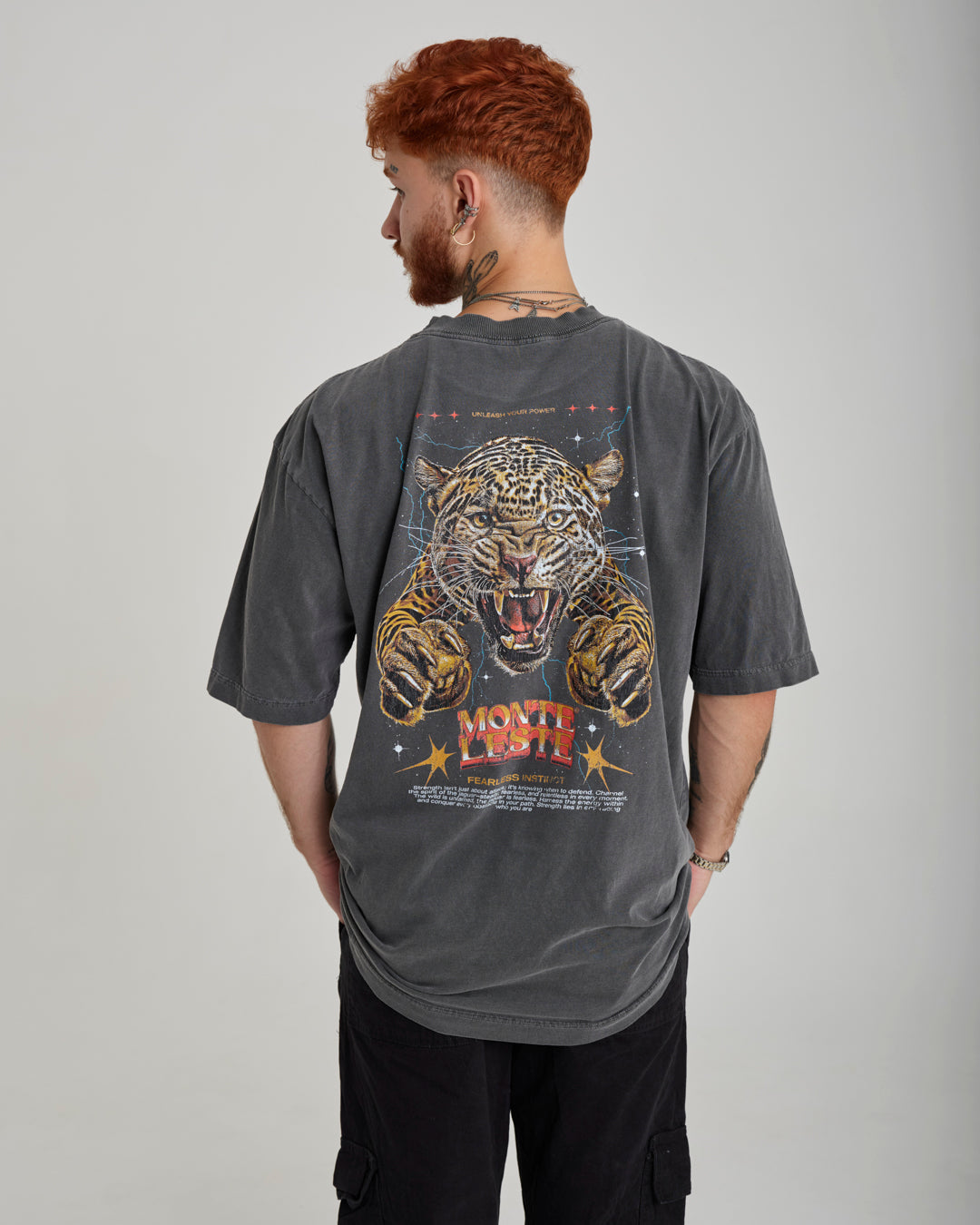 T-Shirt Oversized Printed Fearless - Gray Washed