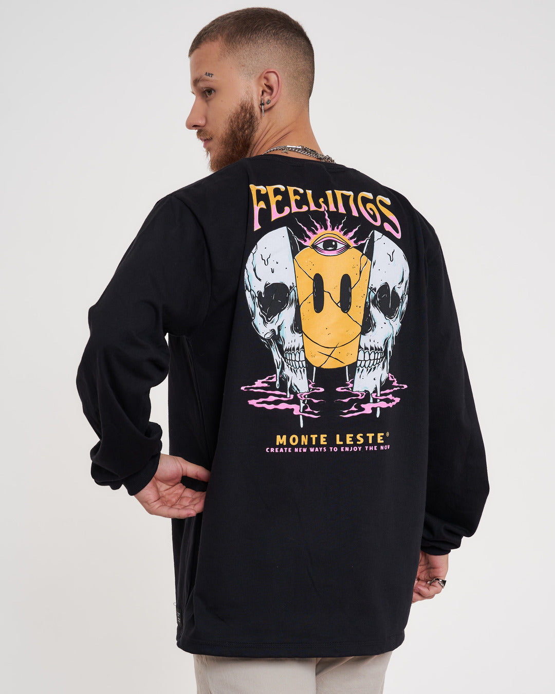 Long Sleeve Printed T-Shirt - Feelings Black
