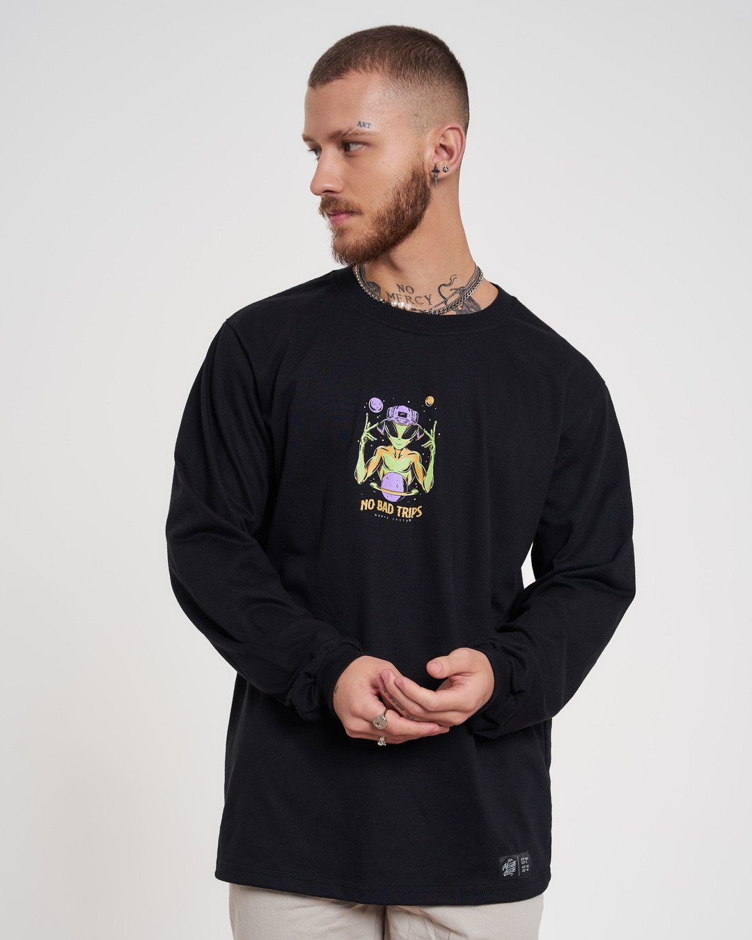 Long Sleeve Printed T-Shirt - Alien Black