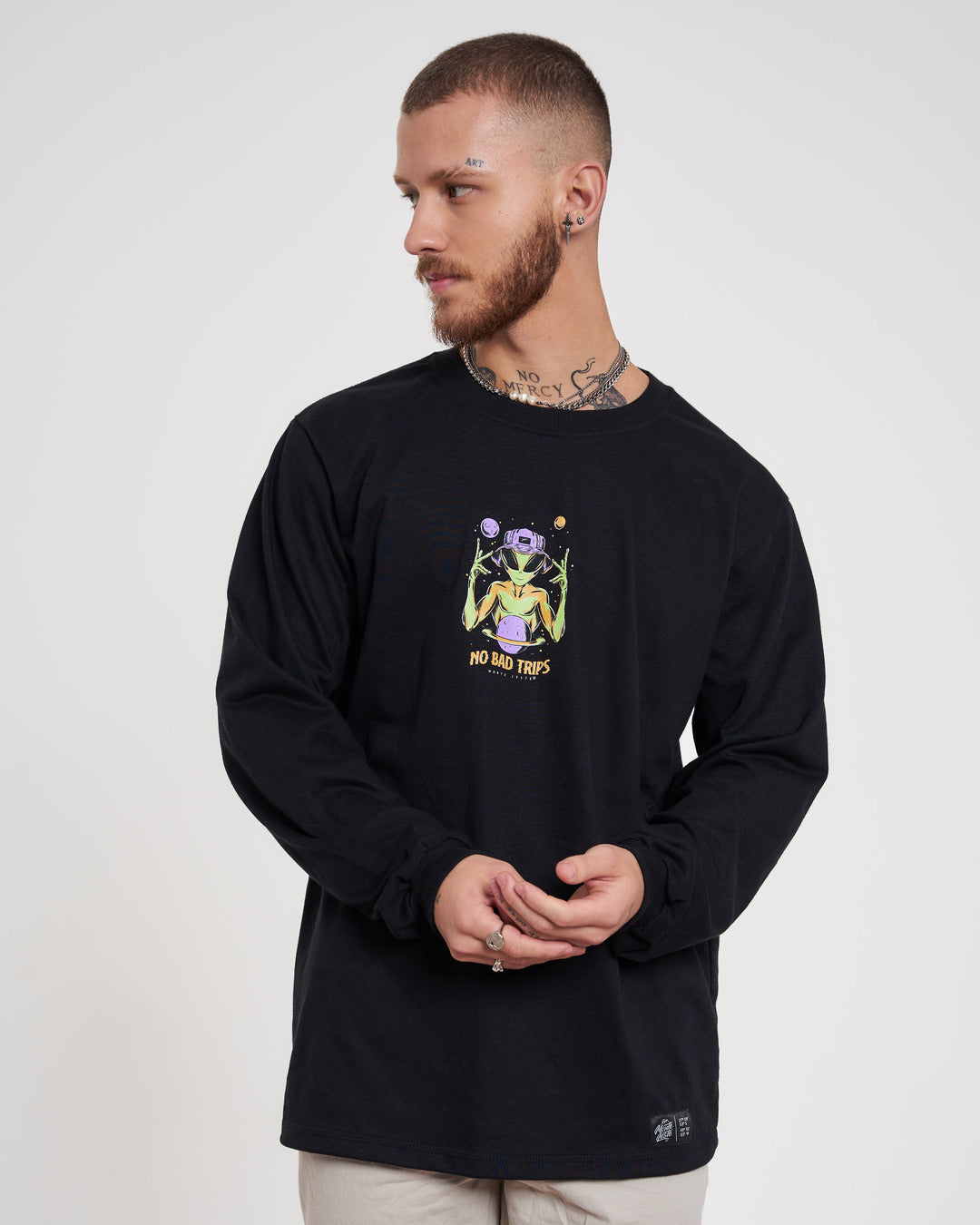 Long Sleeve Printed T-Shirt - Alien Black