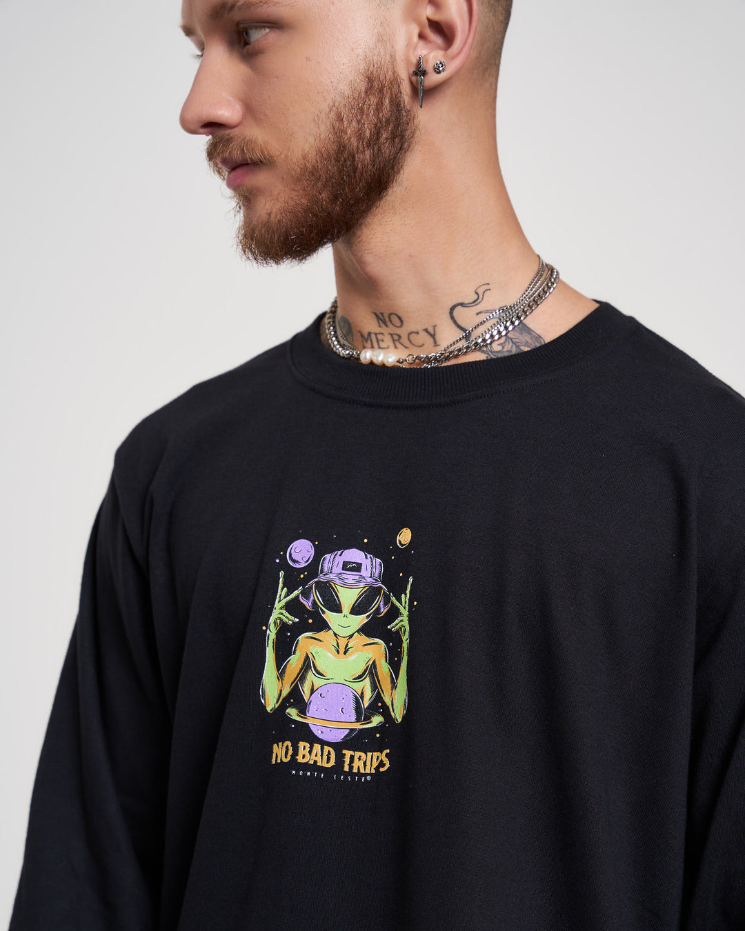 Long Sleeve Printed T-Shirt - Alien Black