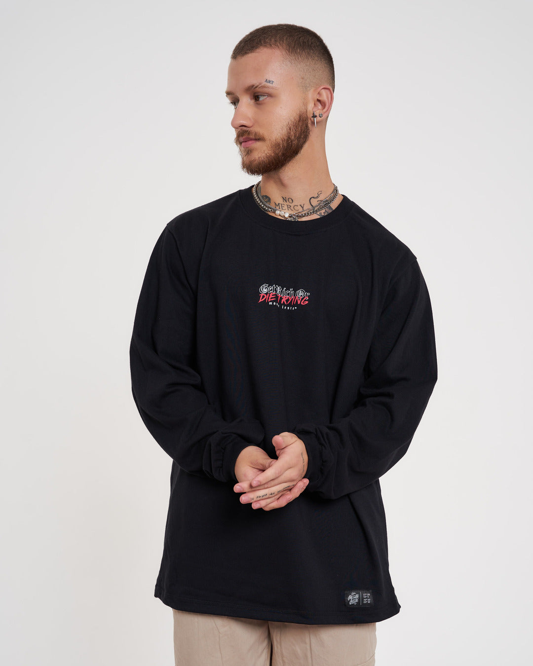 Long Sleeve Printed T-Shirt - Get Rich Black