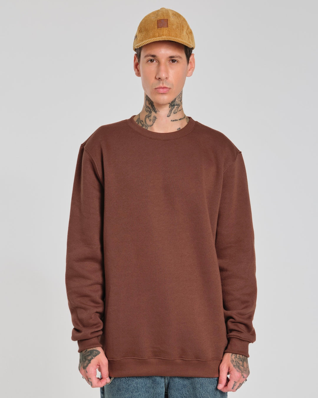 Pullover Sweatshirt Crew Neck - Brown Plain