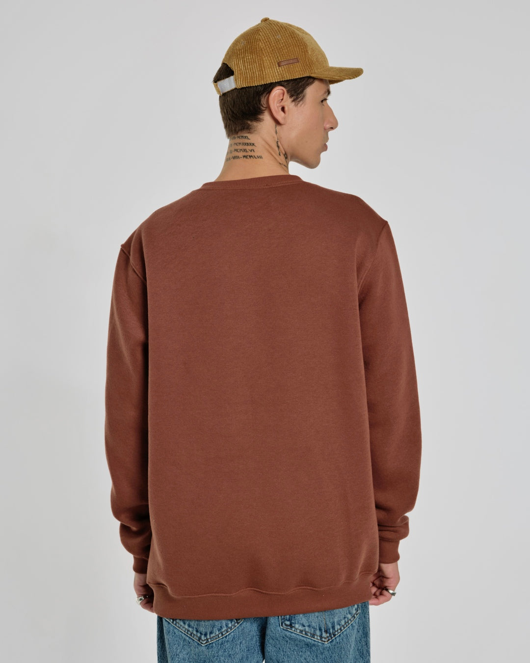 Pullover Sweatshirt Crew Neck - Brown Plain
