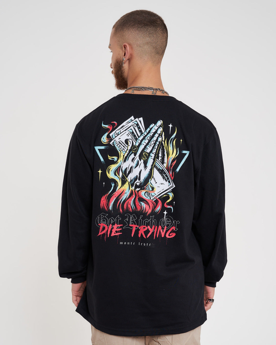 Long Sleeve Printed T-Shirt - Get Rich Black