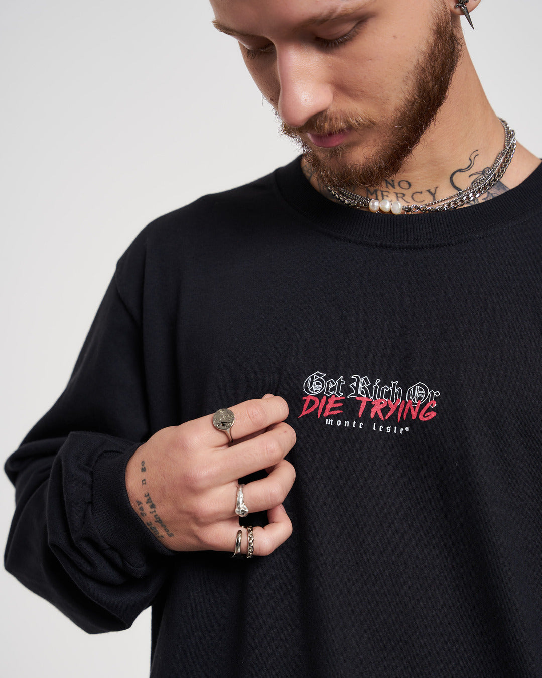 Long Sleeve Printed T-Shirt - Get Rich Black