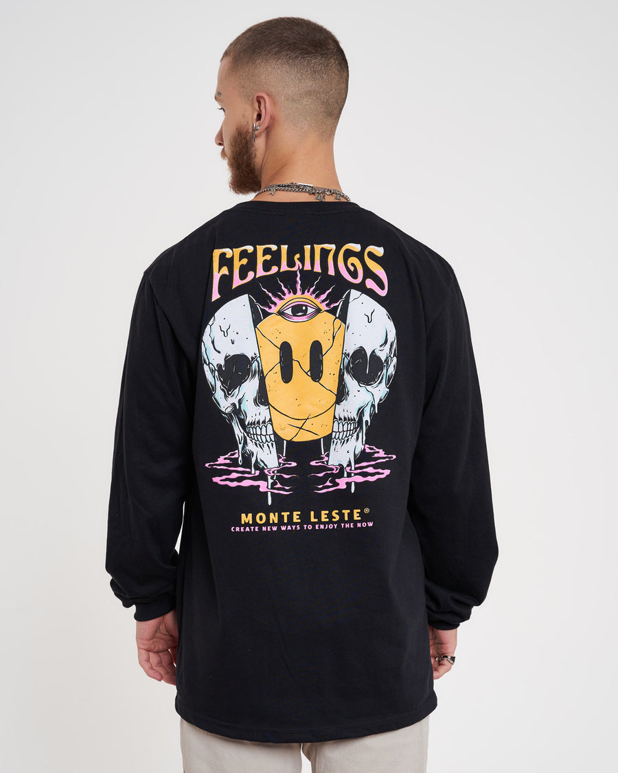 Long Sleeve Printed T-Shirt - Feelings Black